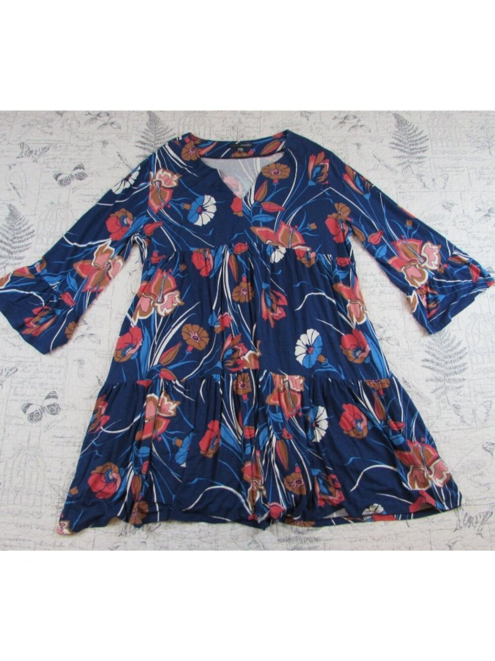 Shannon Passero tiered floral tunic dress split v neck 3/4 slv pockets womens M